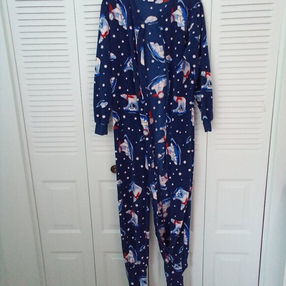 CHEROKEE L (12-14) NAVY FLEECE FOOTIE PAJAMAS POLAR BEAR FULL ZIP SLEEPER COZY - Picture 2 of 10